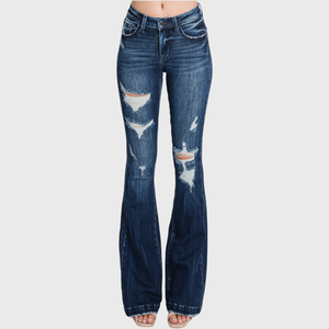 PETITE - DISTRESSED MID RISE STRETCH FLARE