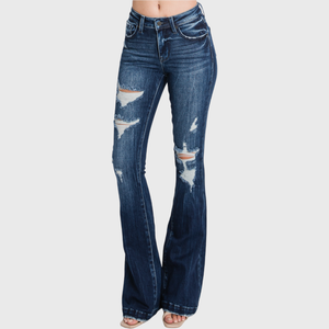 PETITE - DISTRESSED MID RISE STRETCH FLARE
