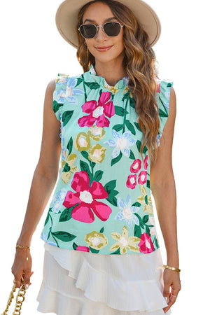 Green Floral Print Ruffle Trim Tank Top