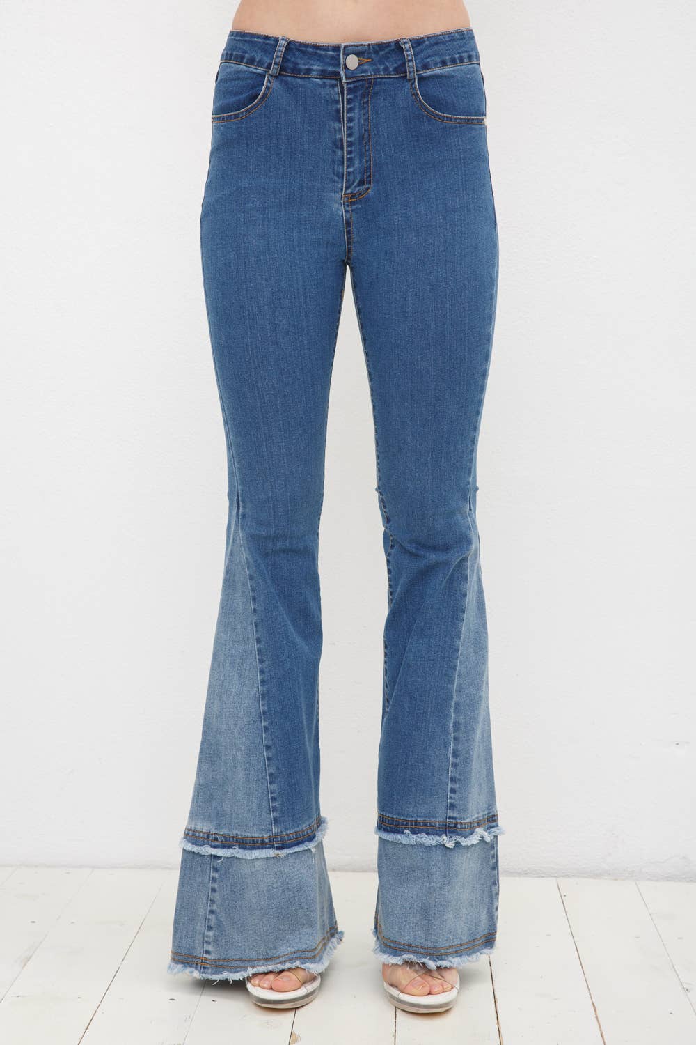 Two Tone Frayed Detail Bell Bottom Denim Jeans