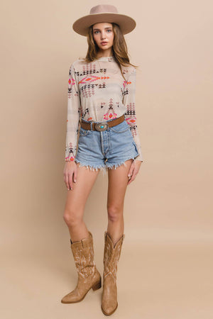 Western Aztec Print Mesh Mock Neck Top