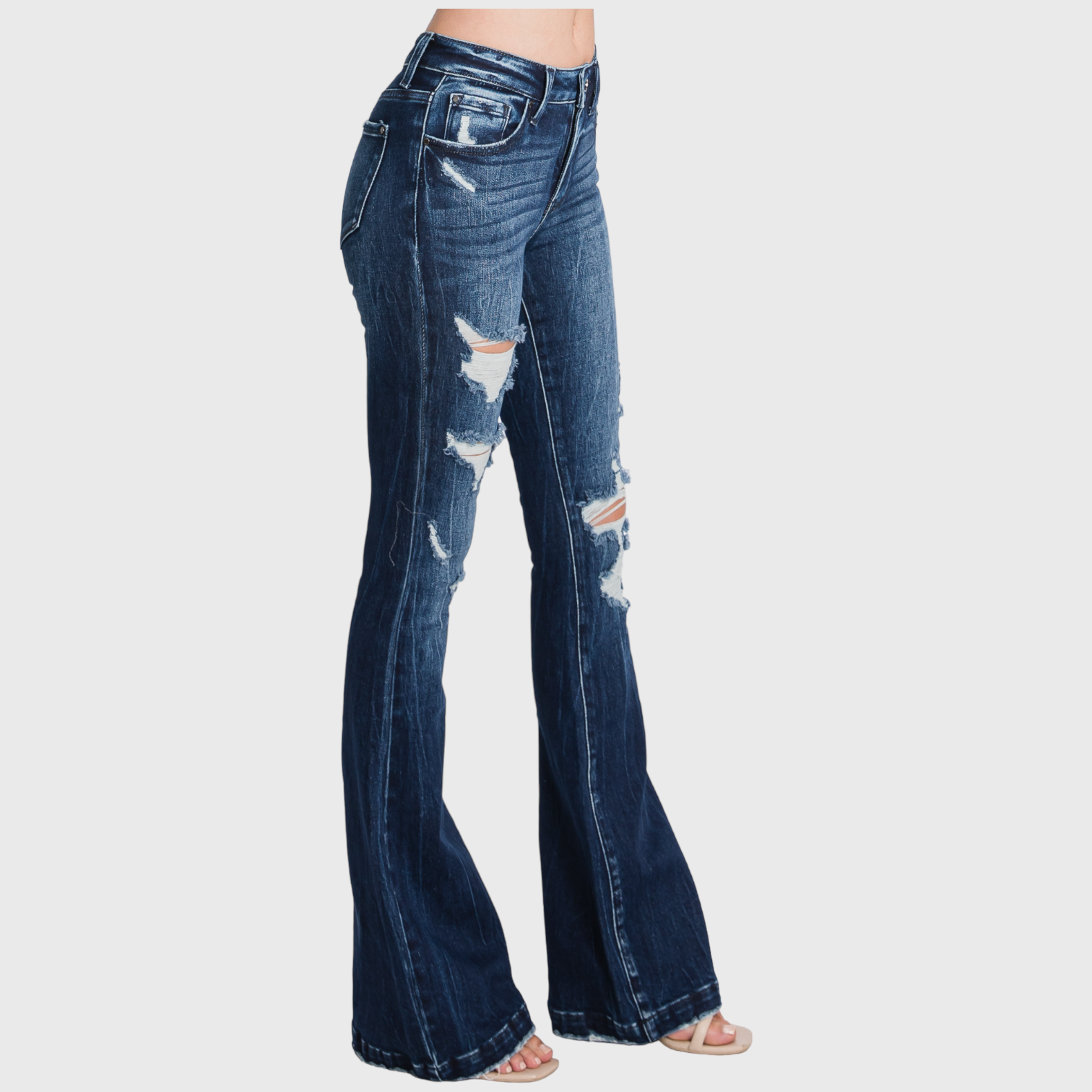 PETITE - DISTRESSED MID RISE STRETCH FLARE