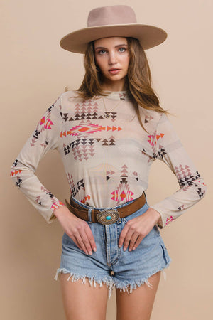 Western Aztec Print Mesh Mock Neck Top