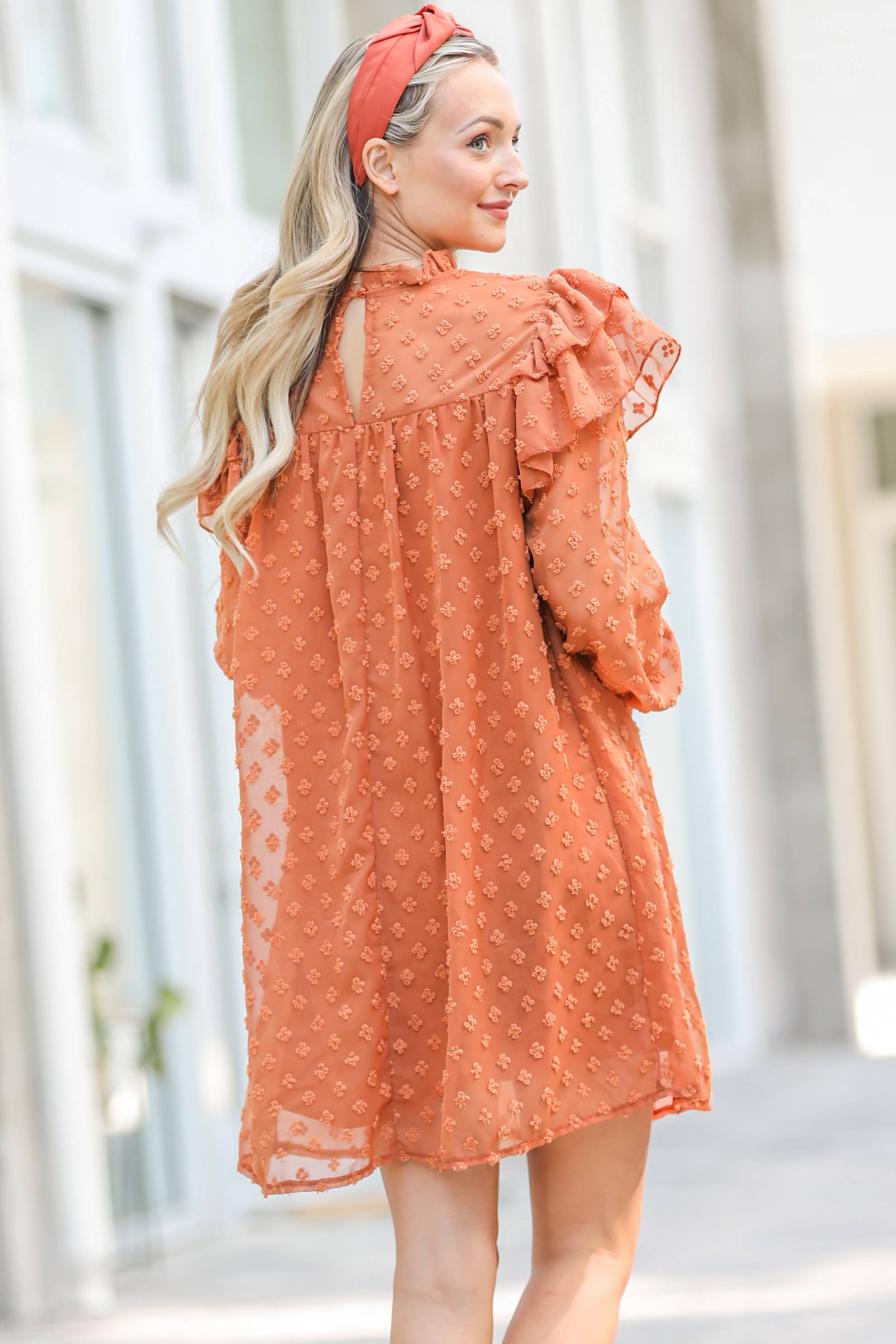 Ruffle Shoulder Dress - Cream & Camel