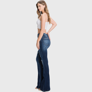 PETITE - DISTRESSED MID RISE STRETCH FLARE