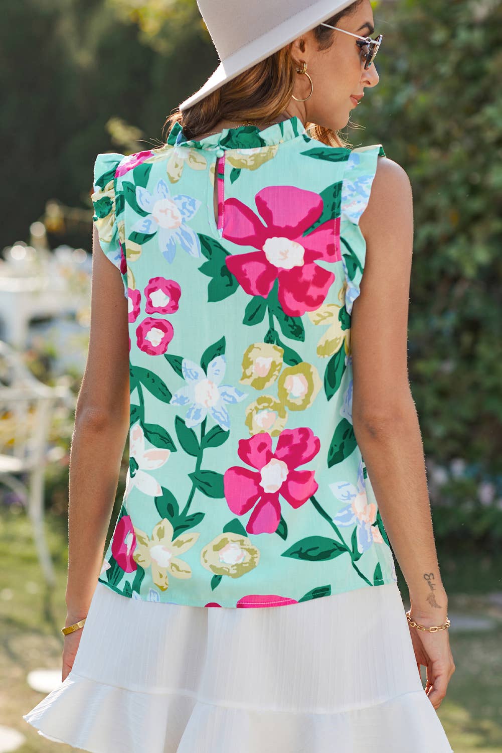 Green Floral Print Ruffle Trim Tank Top