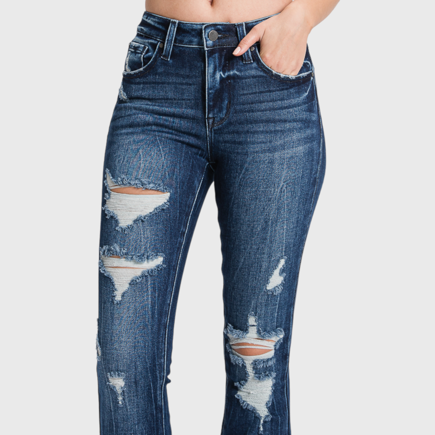 PETITE - DISTRESSED MID RISE STRETCH FLARE