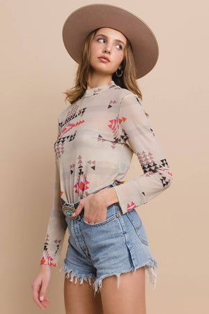 Western Aztec Print Mesh Mock Neck Top