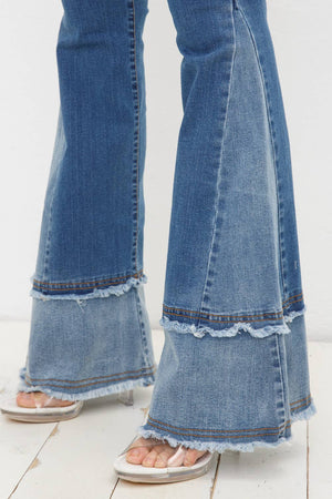 Two Tone Frayed Detail Bell Bottom Denim Jeans