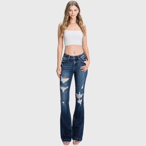 PETITE - DISTRESSED MID RISE STRETCH FLARE